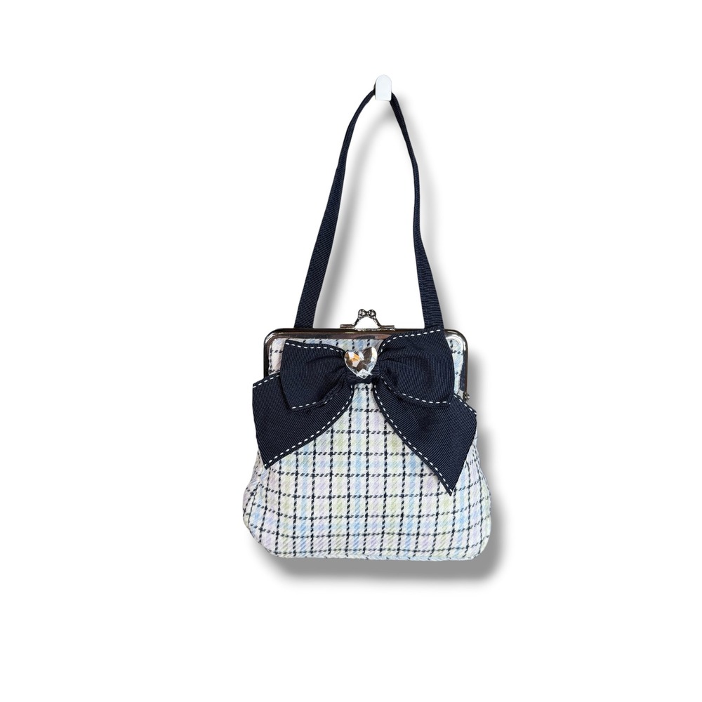 Gymboree Petite Mademoiselle Kiss Lock Bow Purse Blue White Tweed Plaid Mini Bag